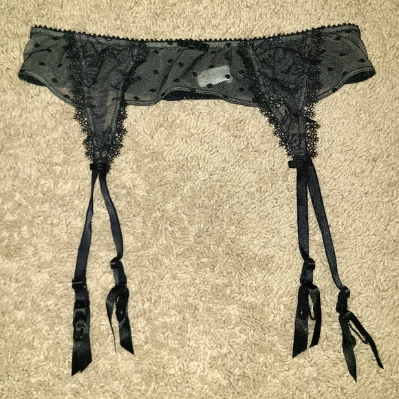 Felina Garter Belt Size S Sexy Swiss Dot Sheer Embroidered Mesh Lace Bows Clips - Picture 1 of 16